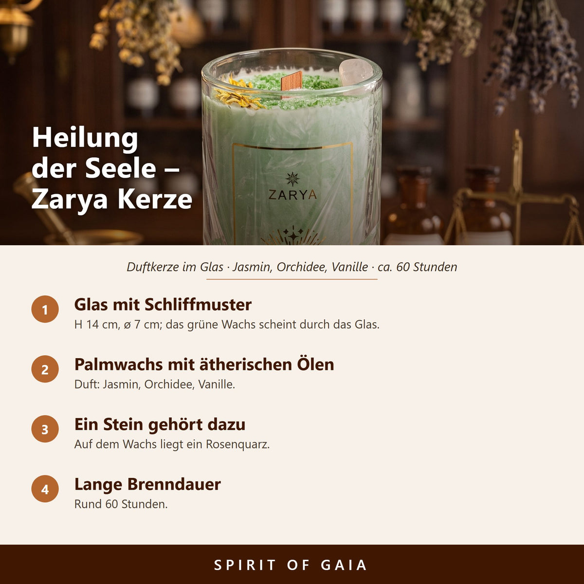 Übersicht zur Kerze Heilung der Seele: Glas mit Schliffmuster, Palmwachs mit ätherischen Ölen, Rosenquarz, rund 60 Stunden Brenndauer