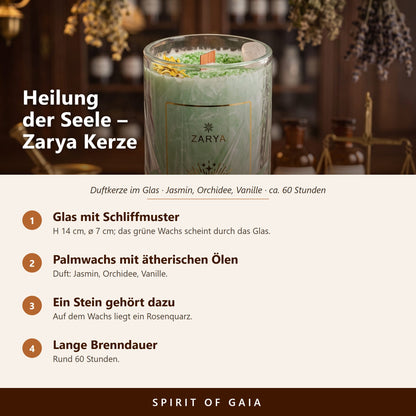 Übersicht zur Kerze Heilung der Seele: Glas mit Schliffmuster, Palmwachs mit ätherischen Ölen, Rosenquarz, rund 60 Stunden Brenndauer