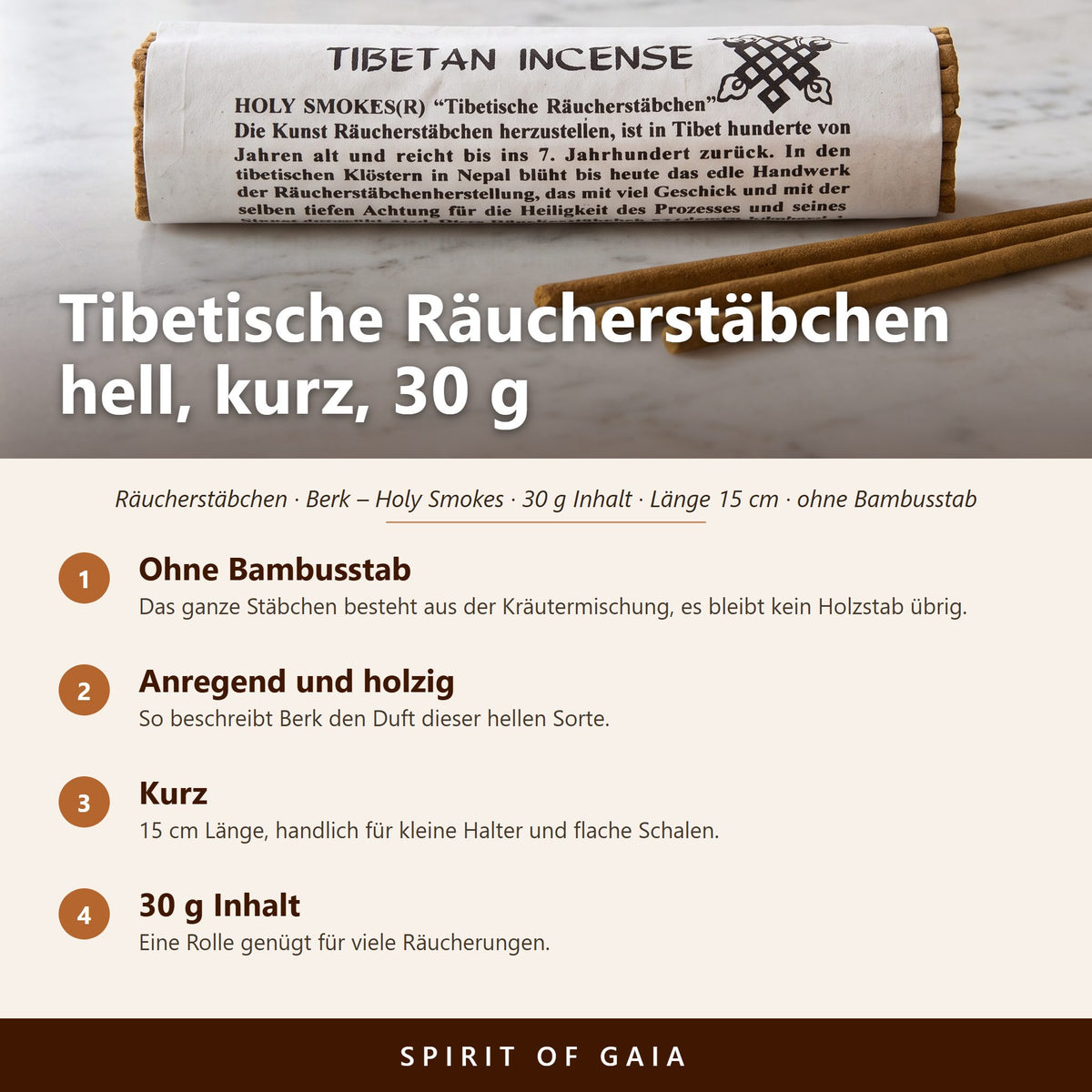 Infografik zu den tibetischen Räucherstäbchen hell und kurz: ohne Bambusstab, anregend holzig, 15 cm Länge, 30 g Inhalt