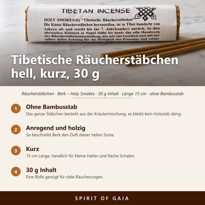 Infografik zu den tibetischen Räucherstäbchen hell und kurz: ohne Bambusstab, anregend holzig, 15 cm Länge, 30 g Inhalt