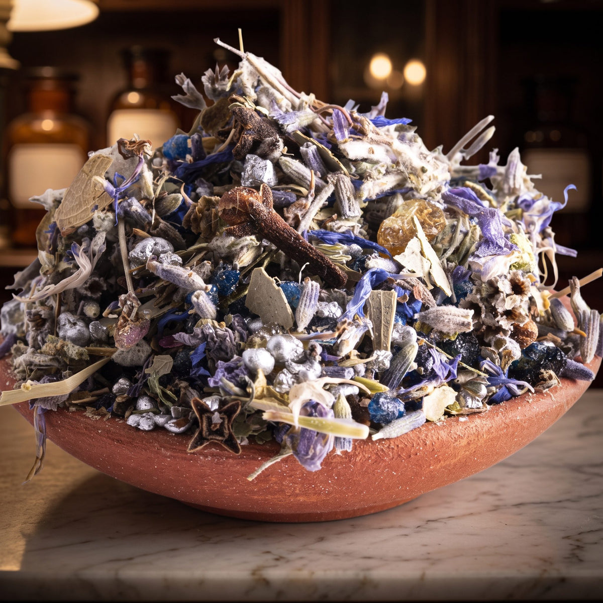 Halschakra, Chakra-Räuchermischung von Berk, 50 ml im Korkglas: Nahaufnahme der Terracottaschale mit Salbei, Lavendel, Kornblumen und blauen Harzstücken vor der warmen, unscharfen Abendapotheke – Spirit of Gaia