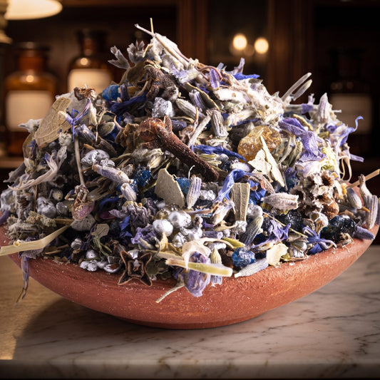Halschakra, Chakra-Räuchermischung von Berk, 50 ml im Korkglas: Nahaufnahme der Terracottaschale mit Salbei, Lavendel, Kornblumen und blauen Harzstücken vor der warmen, unscharfen Abendapotheke – Spirit of Gaia