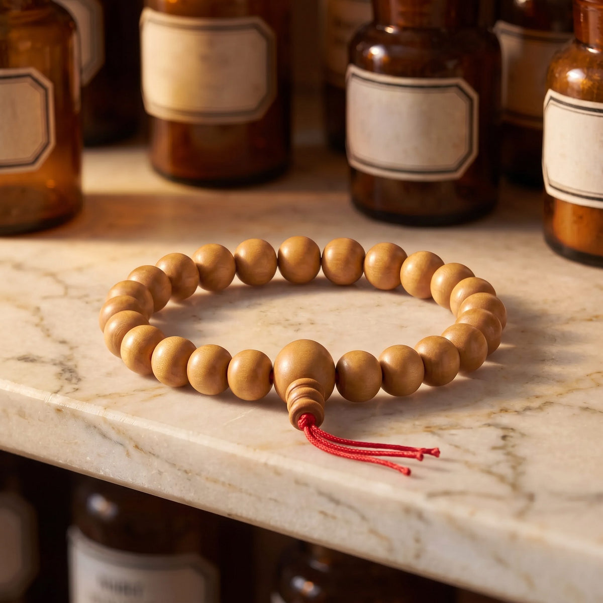 Power-Bracelet aus Sandelholz von Berk auf einer Marmortheke: Holzperlen, Guruperle mit Holzaufsatz und rotem Faden