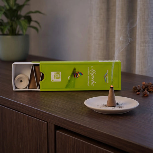 Myrrhe Räucherkegel naturrein, Holy Smokes Green Line: glimmender Räucherkegel mit feinem Rauch auf einem Keramiktellerchen, dahinter die geöffnete Packung, auf einem Sideboard am Abend