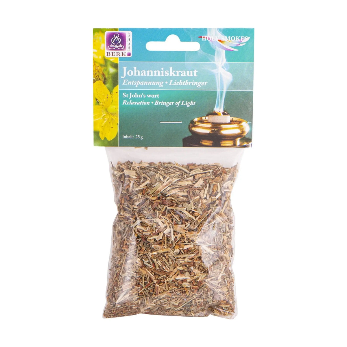 Johanniskraut, sortenreines Räucherwerk von Berk, 25 g: Tüte mit türkisfarbenem Kartonkopf, freigestellt auf Weiß