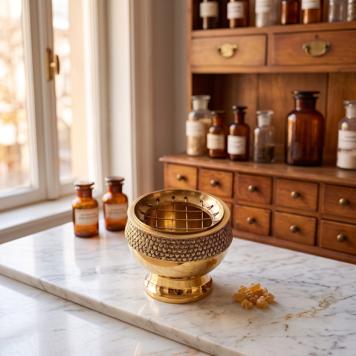 Räuchergefäß Messing goldfarben auf einer Marmortheke vor einem Apothekerschrank – Spirit of Gaia