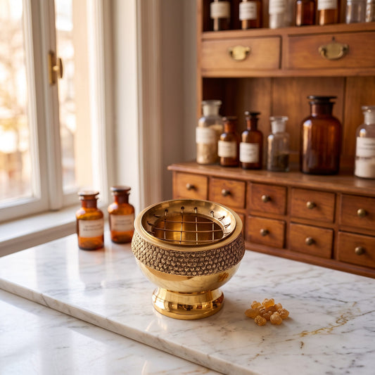 Räuchergefäß Messing goldfarben auf einer Marmortheke vor einem Apothekerschrank – Spirit of Gaia