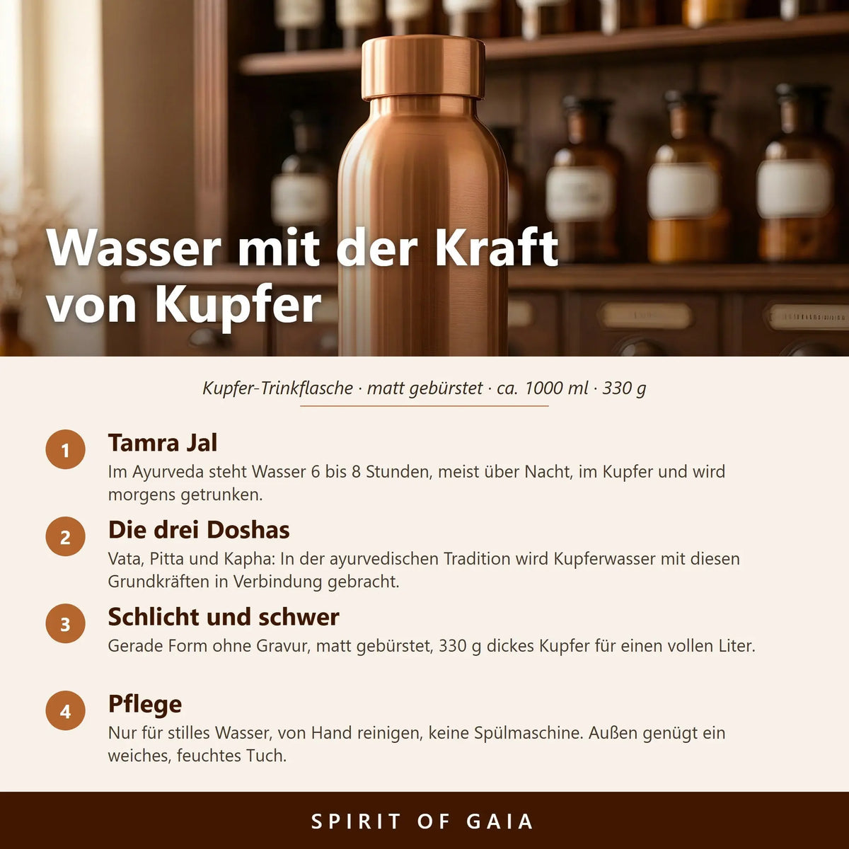 Infografik: Wasser mit der Kraft von Kupfer – Tamra-Jal-Ritual, Doshas und Pflege der Kupferflasche