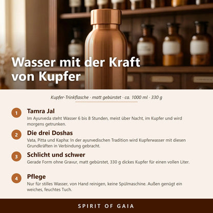 Infografik: Wasser mit der Kraft von Kupfer – Tamra-Jal-Ritual, Doshas und Pflege der Kupferflasche