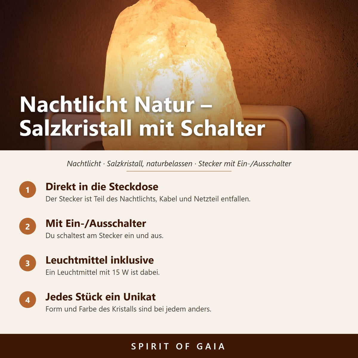 Übersicht zu Salzkristall-Nachtlicht Natur: Direkt in die Steckdose, Mit Ein-/Ausschalter, Leuchtmittel inklusive, Jedes Stück ein Unikat