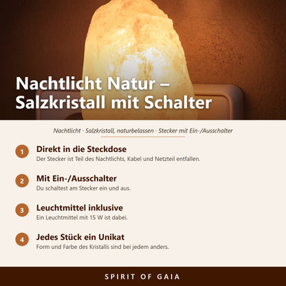 Übersicht zu Salzkristall-Nachtlicht Natur: Direkt in die Steckdose, Mit Ein-/Ausschalter, Leuchtmittel inklusive, Jedes Stück ein Unikat