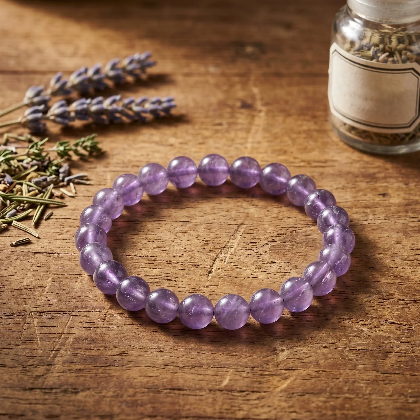 Amethyst Kugelarmband auf warmem Holz mit getrocknetem Lavendel im Apotheker-Look