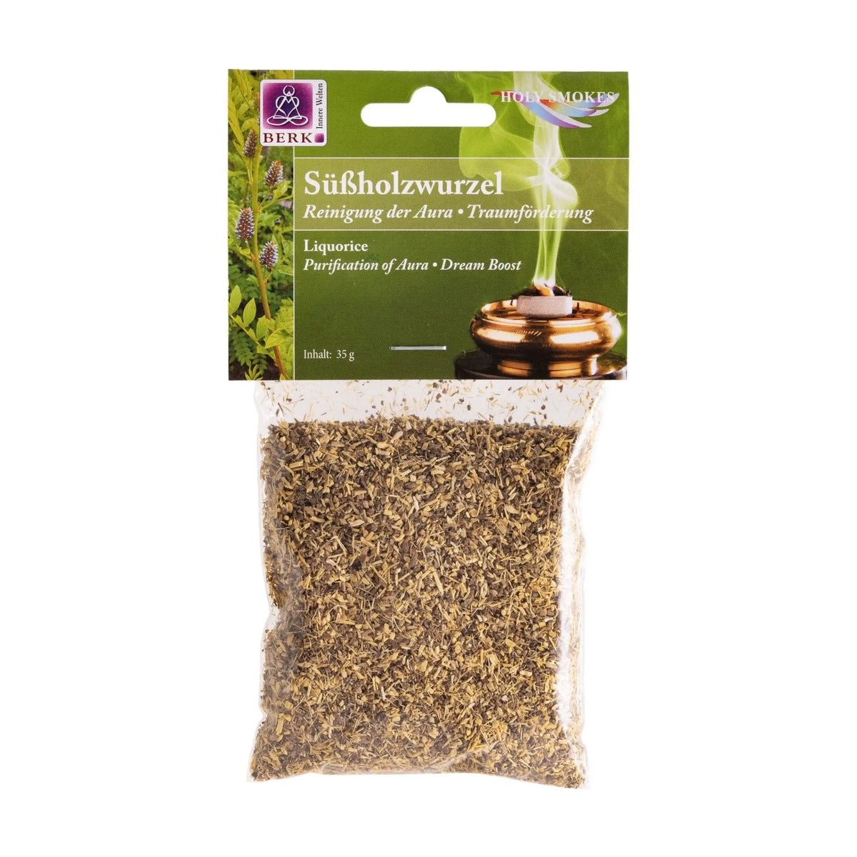 Süßholzwurzel, sortenreines Räucherwerk von Berk, 35 g: Tüte mit olivgrünem Kartonkopf, freigestellt auf Weiß