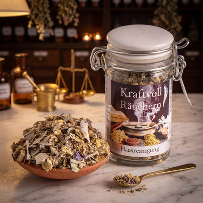 Hausreinigung, Räuchermischung der Reihe Kraftvoll Räuchern von Berk, 60 ml im Bügelglas: Glas auf der Marmortheke einer alten Apotheke am Abend, davor eine Terracottaschale mit der losen Mischung und ein Messinglöffel – Spirit of Gaia