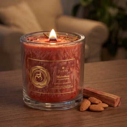 Chakra-Kerze Wurzelchakra Muladhara mit Karneol, Duft Zedernholz und Mandel: brennende Kerze mit kleiner Flamme am Abend auf einer dunklen Holzplatte im Wohnzimmer, daneben Zedernholz und Mandeln – Spirit of Gaia