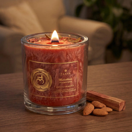 Chakra-Kerze Wurzelchakra Muladhara mit Karneol, Duft Zedernholz und Mandel: brennende Kerze mit kleiner Flamme am Abend auf einer dunklen Holzplatte im Wohnzimmer, daneben Zedernholz und Mandeln – Spirit of Gaia