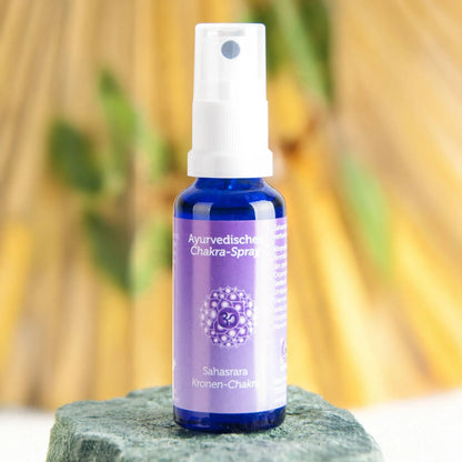 Ayurvedisches Chakra-Spray Sahasrara (Kronen-Chakra), 30-ml-Sprühflasche aus blauem Glas, Herstellerfoto