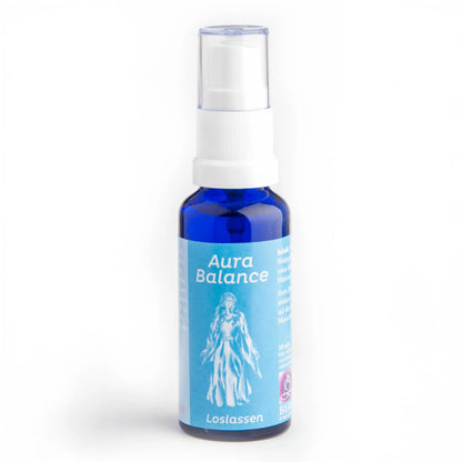 Energiespray Loslassen (Aura Balance), 30-ml-Sprühflasche aus blauem Glas, freigestellt auf Weiß