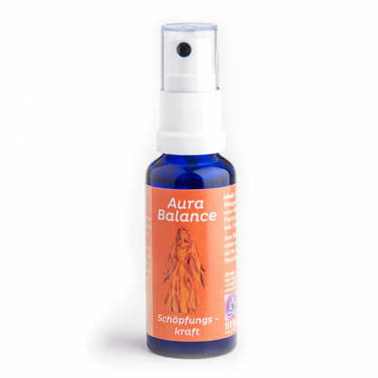 Energiespray Schöpfungskraft (Aura Balance), 30-ml-Sprühflasche aus blauem Glas, freigestellt auf Weiß