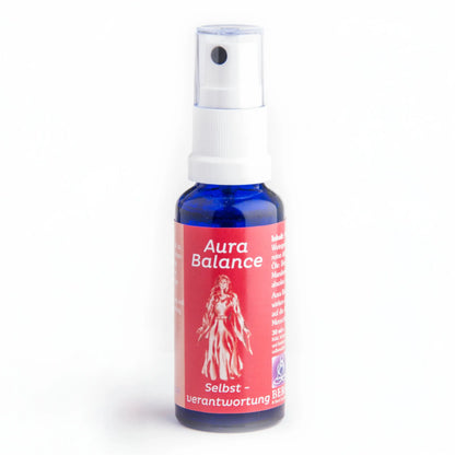 Energiespray Selbstverantwortung (Aura Balance), 30-ml-Sprühflasche aus blauem Glas, freigestellt auf Weiß