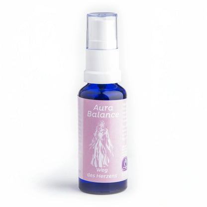 Energiespray Weg des Herzens (Aura Balance), 30-ml-Sprühflasche aus blauem Glas, freigestellt auf Weiß