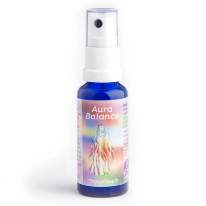 Energiespray Traumwelt (Aura Balance), 30-ml-Sprühflasche aus blauem Glas, freigestellt auf Weiß
