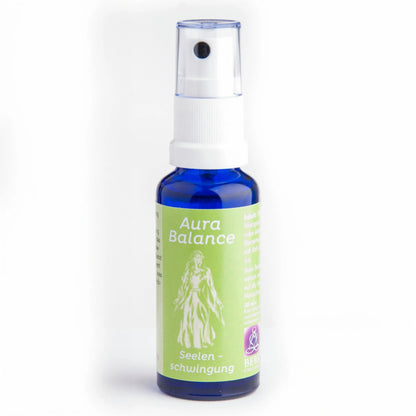 Energiespray Seelenschwingung (Aura Balance), 30-ml-Sprühflasche aus blauem Glas, freigestellt auf Weiß