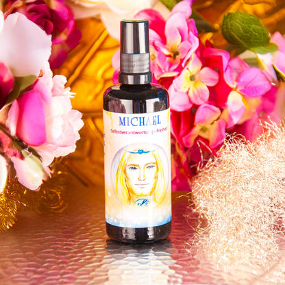 Seraphim Engel-Essenz Michael, 100-ml-Sprühflasche, Herstellerfoto mit Blüten