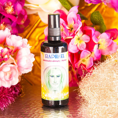 Seraphim Engel-Essenz Raphael, 100-ml-Sprühflasche, Herstellerfoto mit Blüten