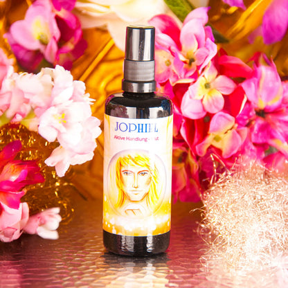 Seraphim Engel-Essenz Jophiel, 100-ml-Sprühflasche, Herstellerfoto mit Blüten