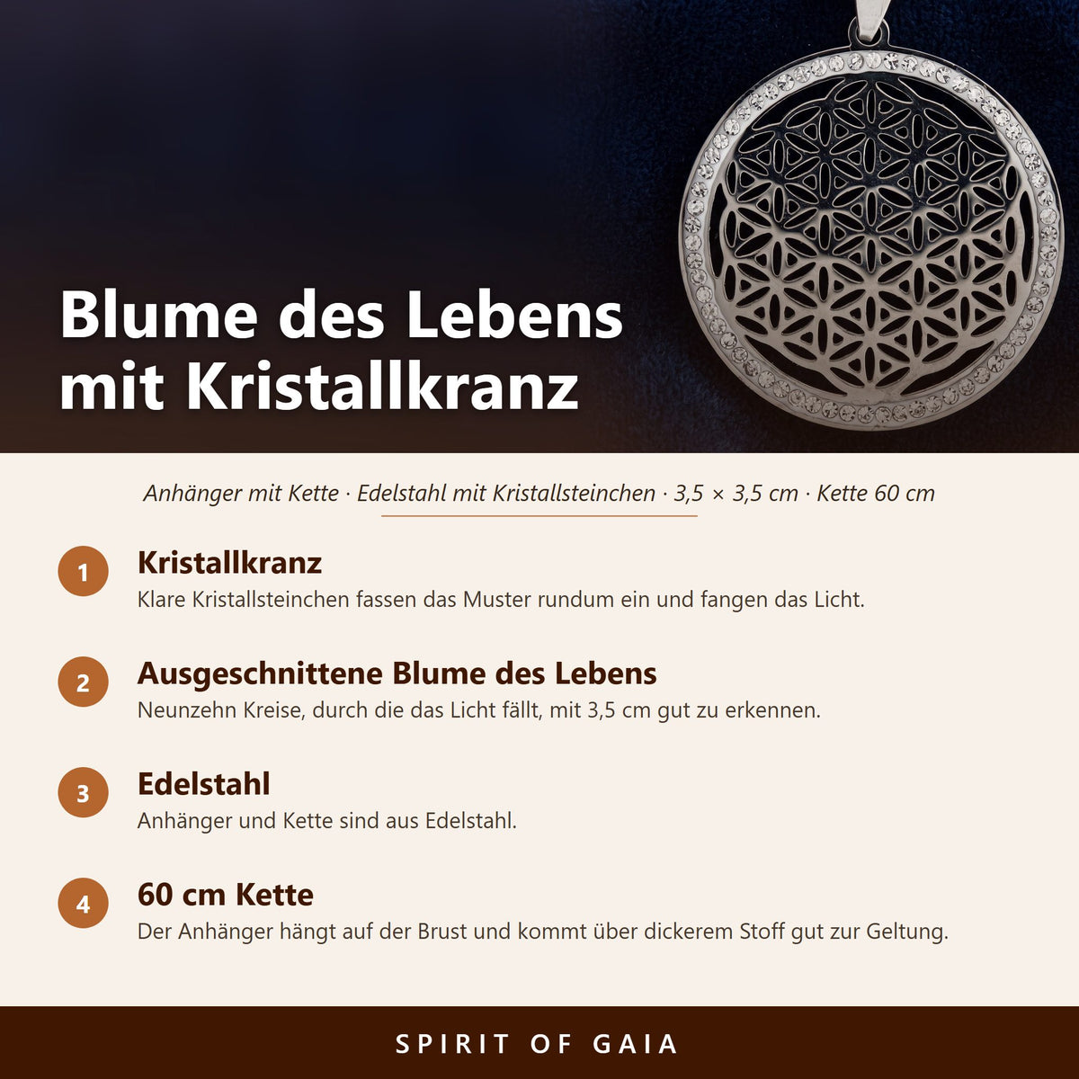 Übersicht zum Blume des Lebens Anhänger mit Kristallen: Edelstahl, 3,5 cm, Kette 60 cm