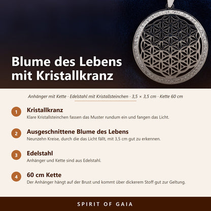 Übersicht zum Blume des Lebens Anhänger mit Kristallen: Edelstahl, 3,5 cm, Kette 60 cm