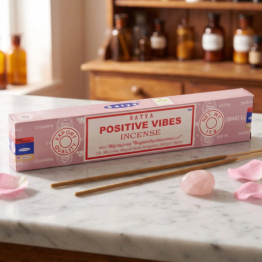 Satya Positive Vibes Räucherstäbchen: 15-g-Packung auf einer Marmortheke vor einem Apothekerschrank, daneben zwei lose Räucherstäbchen – Spirit of Gaia