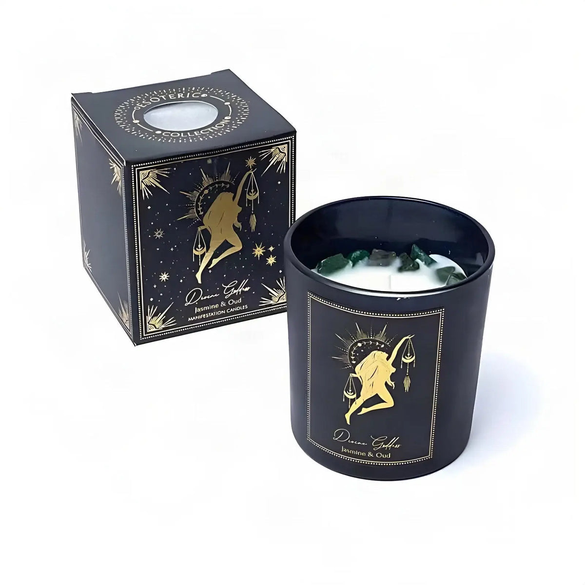 Manifestationskerze Divine Goddess mit Xinji-Jade (Jasmin & Oud), Kerze und Schachtel, freigestellt auf Weiß