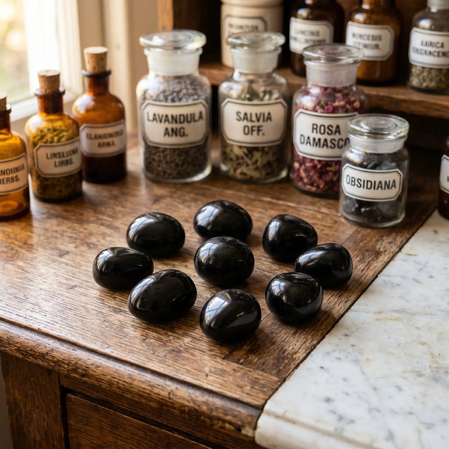 Obsidian Trommelsteine – mehrere glänzend schwarze Steine als Gruppe im Apotheker-Setting