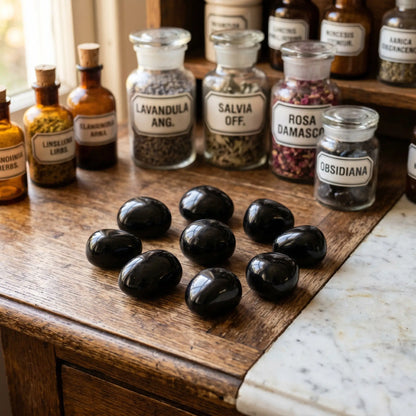 Obsidian Trommelsteine – mehrere glänzend schwarze Steine als Gruppe im Apotheker-Setting