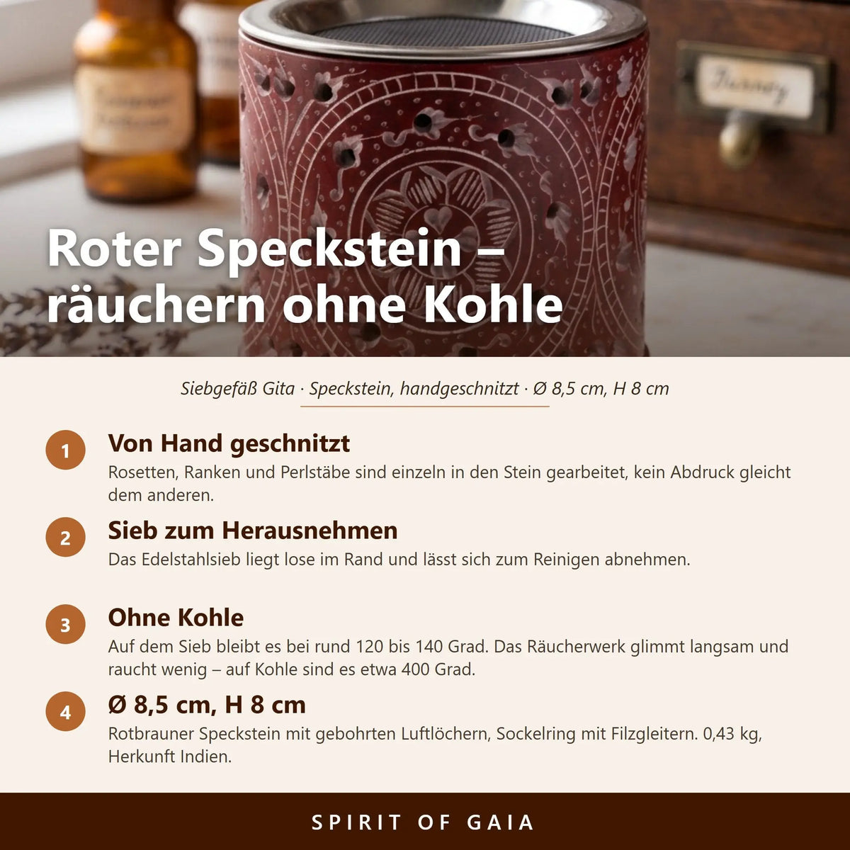 Infografik zum Siebgefäß Gita mit vier Punkten zu Schnitzerei, Sieb, Temperatur und Maßen