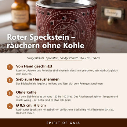 Infografik zum Siebgefäß Gita mit vier Punkten zu Schnitzerei, Sieb, Temperatur und Maßen