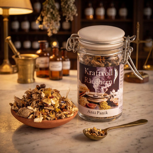 Anti Panik, Räuchermischung der Reihe Kraftvoll Räuchern von Berk, 60 ml im Bügelglas: Glas auf der Marmortheke einer alten Apotheke am Abend, davor eine Terracottaschale mit der losen Mischung und ein Messinglöffel – Spirit of Gaia