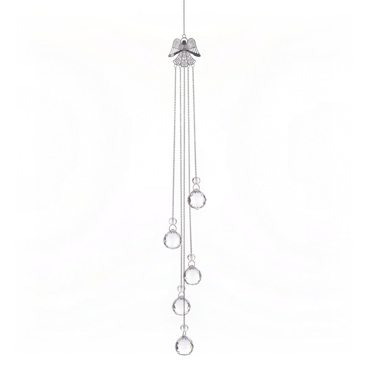 Engel Suncatcher mit fünf Ketten und fünf Glaskugeln, freigestellt auf weißem Grund