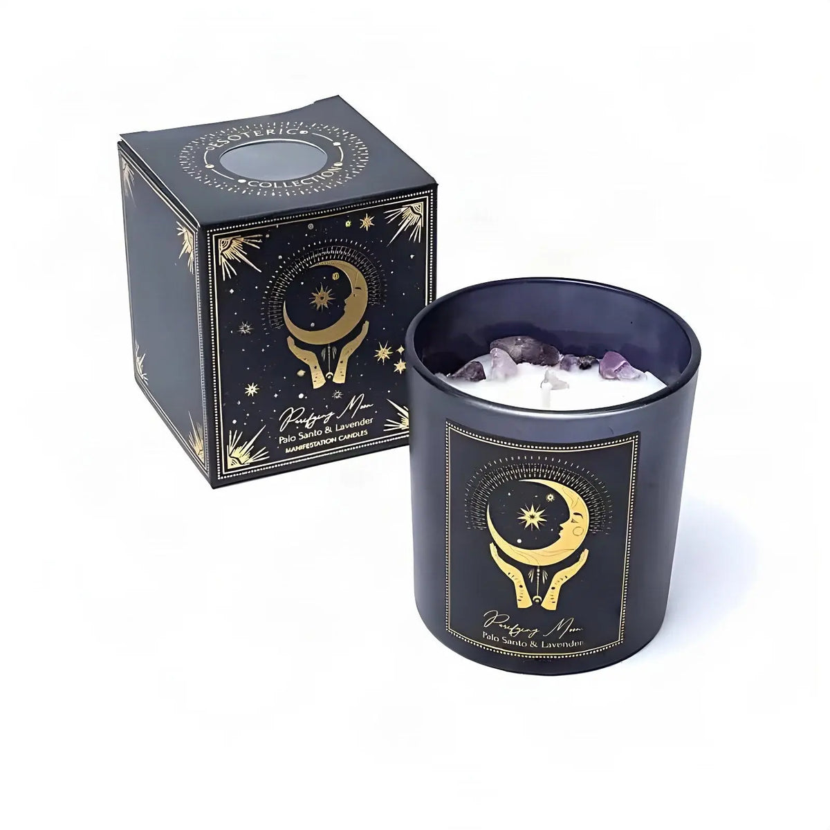 Manifestationskerze Purifying Moon mit Amethyst (Palo Santo & Lavendel), Kerze und Schachtel, freigestellt auf Weiß
