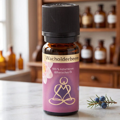 Ätherisches Öl Wacholderbeere: Fläschchen aus Braunglas auf Marmortheke vor Apothekerschrank, daneben ein Wacholderzweig mit Beeren – Spirit of Gaia