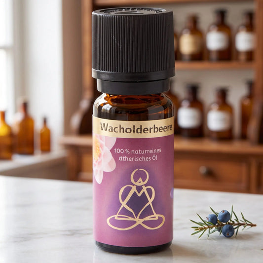 Ätherisches Öl Wacholderbeere: Fläschchen aus Braunglas auf Marmortheke vor Apothekerschrank, daneben ein Wacholderzweig mit Beeren – Spirit of Gaia