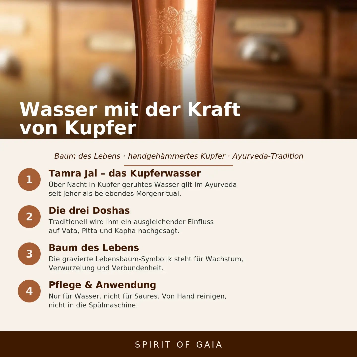 Infografik: Wasser mit der Kraft von Kupfer – Baum des Lebens, Spirit of Gaia