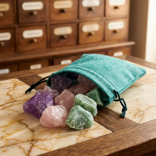 Wassersteine Entspannung im Jutesäckchen mit Amethyst, Rosenquarz und grünem Aventurin, Rohsteine kullern aus dem türkisen Säckchen – Spirit of Gaia