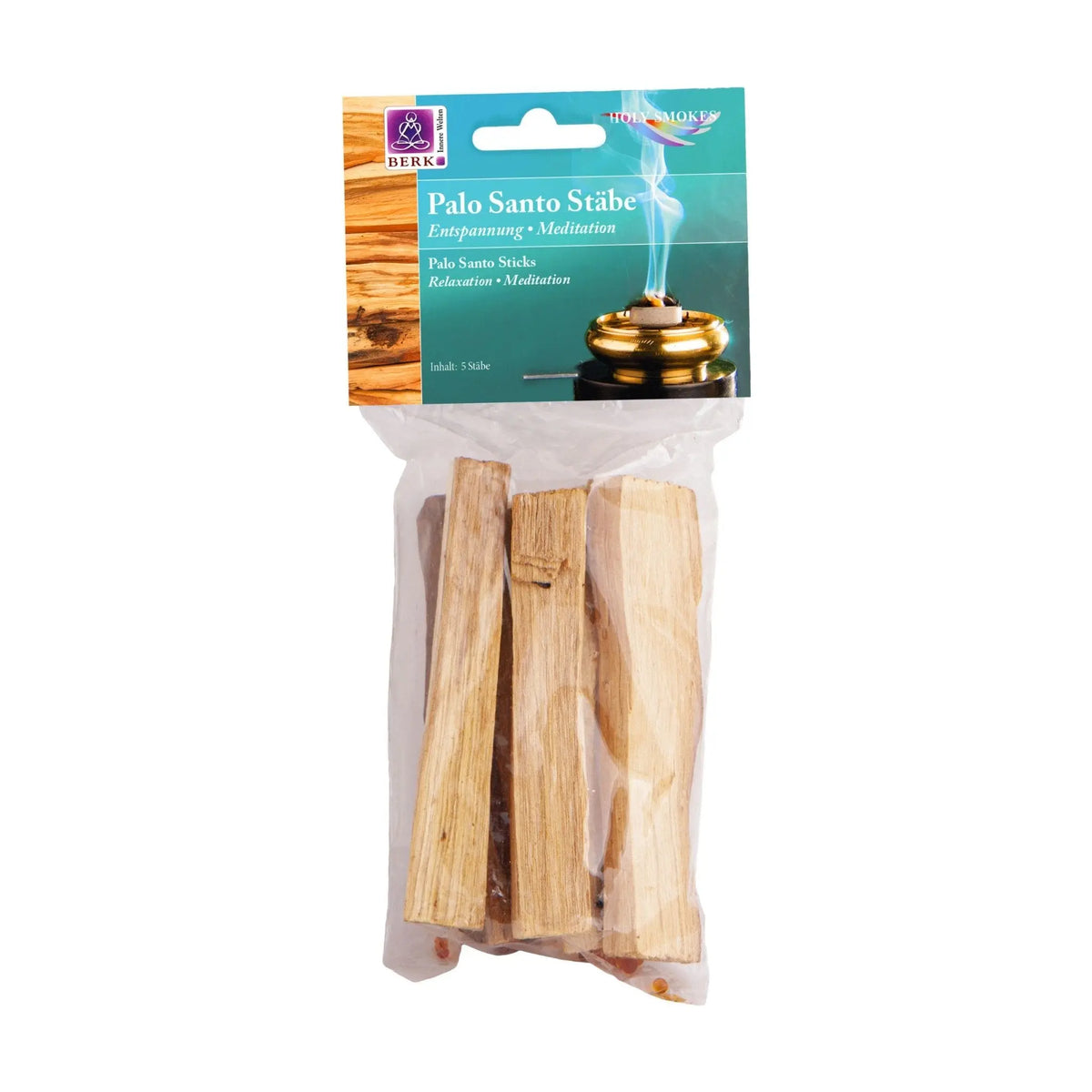 Palo Santo Holzstäbe, 5 Stück, von Berk: Tüte mit türkisfarbenem Kartonkopf und fünf Holzstäben, freigestellt auf Weiß