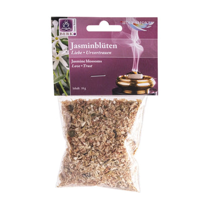 Jasminblüten, sortenreines Räucherwerk von Berk, 10 g: Tüte mit beerenfarbenem Kartonkopf, freigestellt auf Weiß