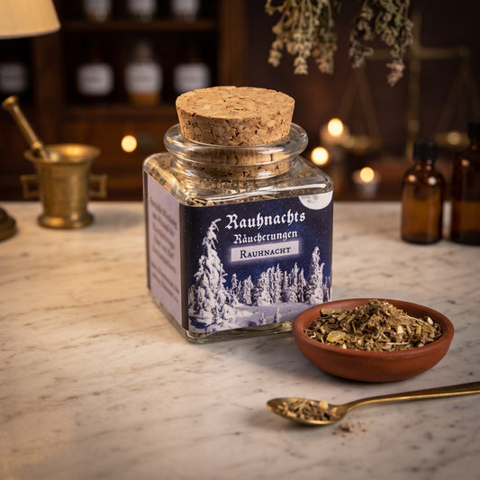 Rauhnacht, Rauhnachts-Räucherung von Berk, 50 ml im Korkglas: Korkglas mit blauem Winteretikett auf der Marmortheke einer alten Apotheke am Abend, daneben eine Terracottaschale mit der losen Mischung und ein Messinglöffel – Spirit of Gaia