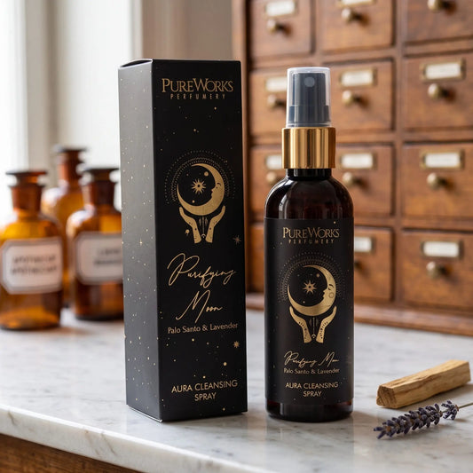 Aura-Spray Purifying Moon (Palo Santo & Lavendel) von Pure Works: Sprühflasche mit Goldkragen und schwarze Schachtel auf Marmortheke vor Apothekerschrank – Spirit of Gaia