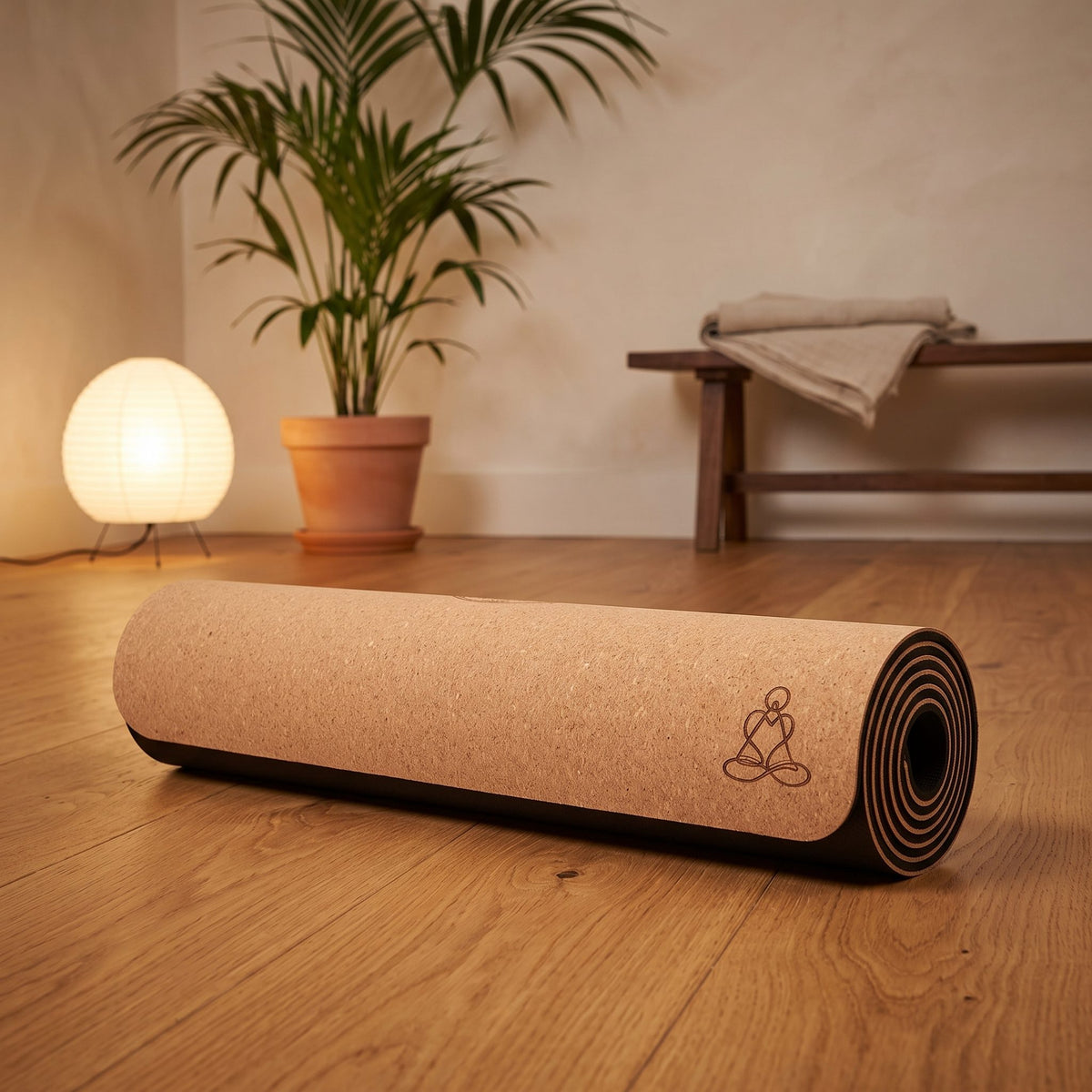 EcoCork Yogamatte aus Naturkork und TPE, 183 × 61 cm, 6 mm, Blume des Lebens: eingerollt mit der Korkseite nach außen auf dem Holzboden eines ruhigen Meditationsraums am Abend – Spirit of Gaia